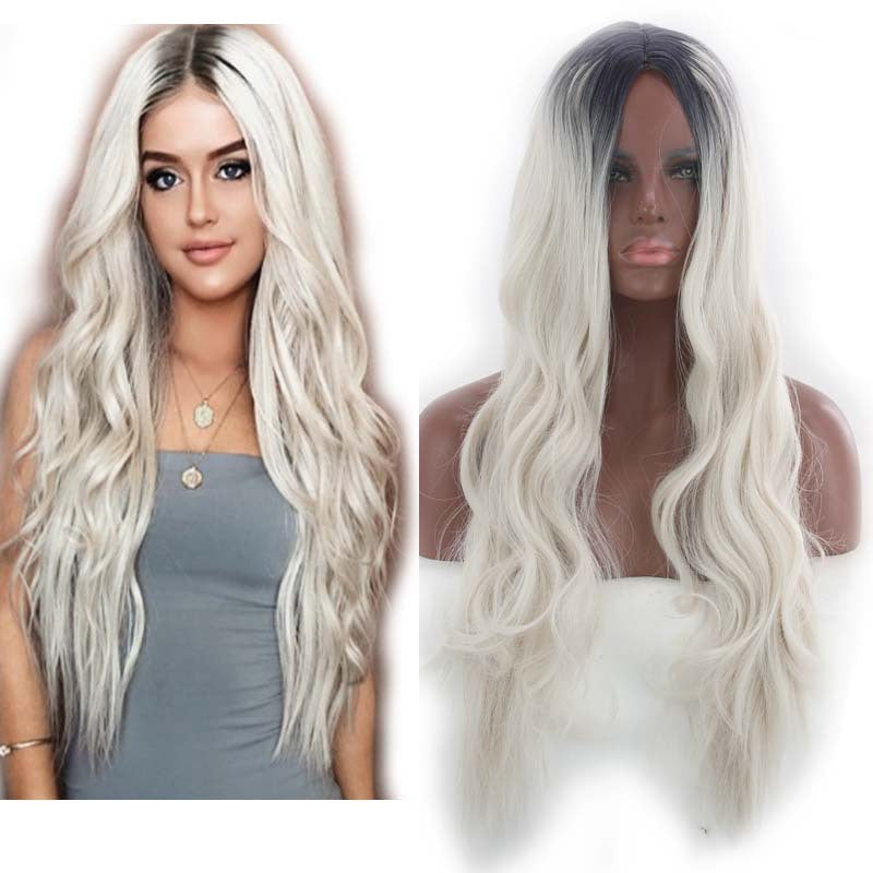 Wholesale Middle-parted gradient yellow long curly hair women's big wave rose net wig